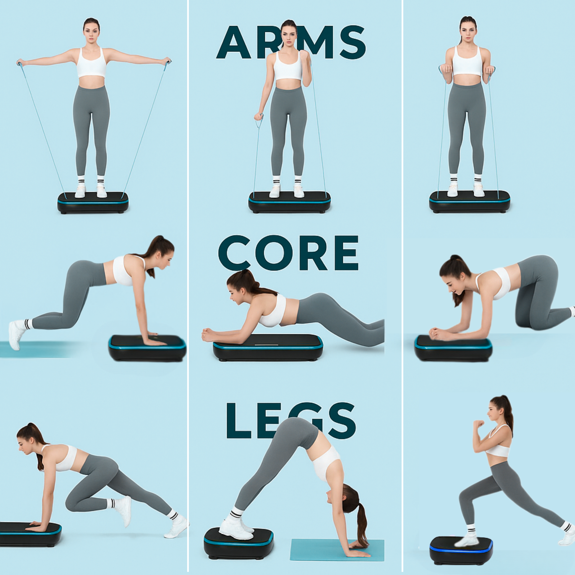 Set of workout exercises for arms, core, and legs on a blue background