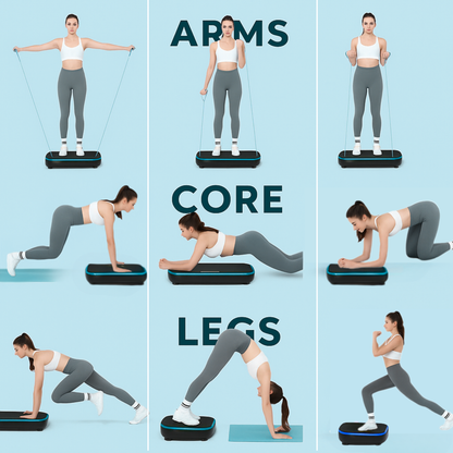 Set of workout exercises for arms, core, and legs on a blue background