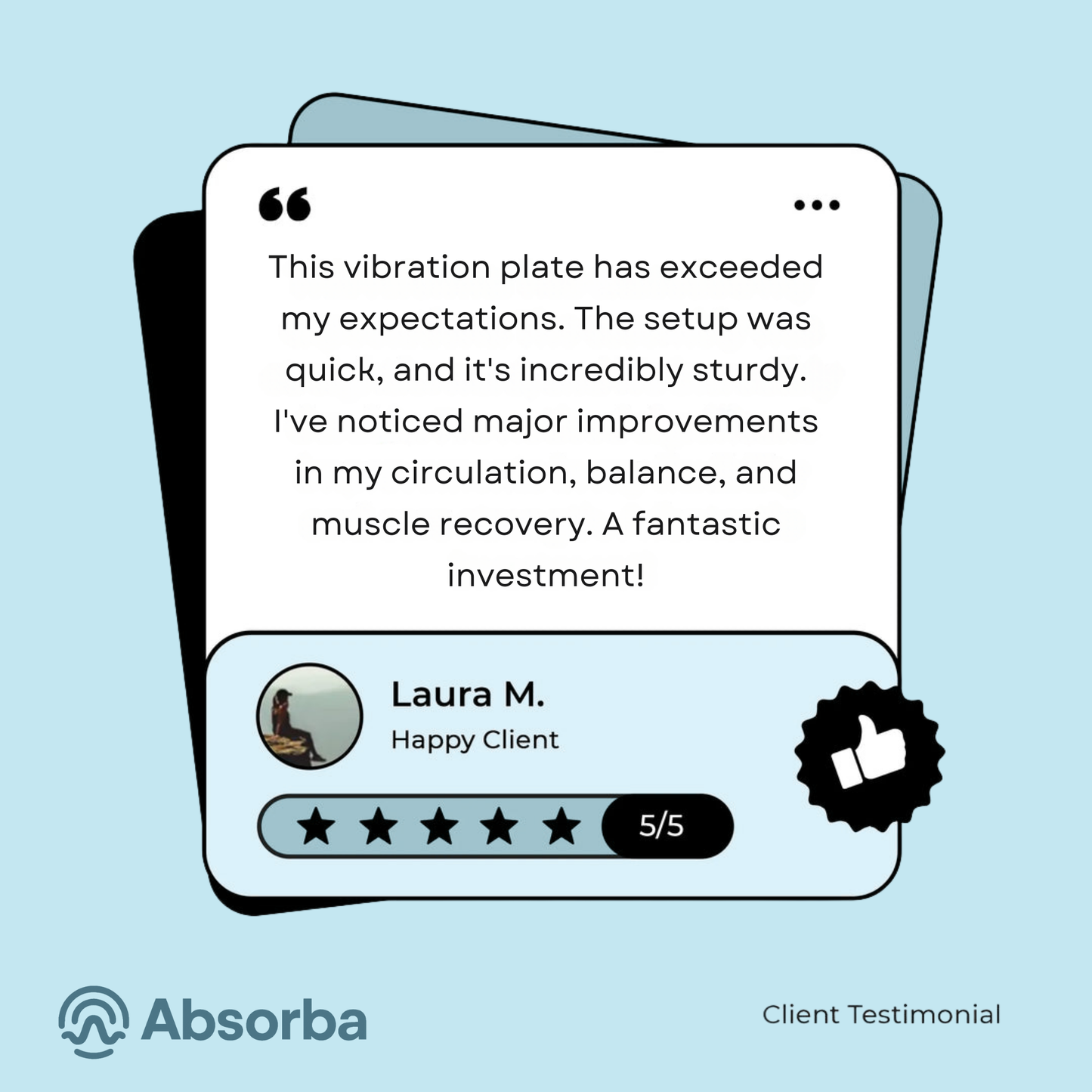 Client testimonial for a vibration plate with Absorba branding on a light blue background