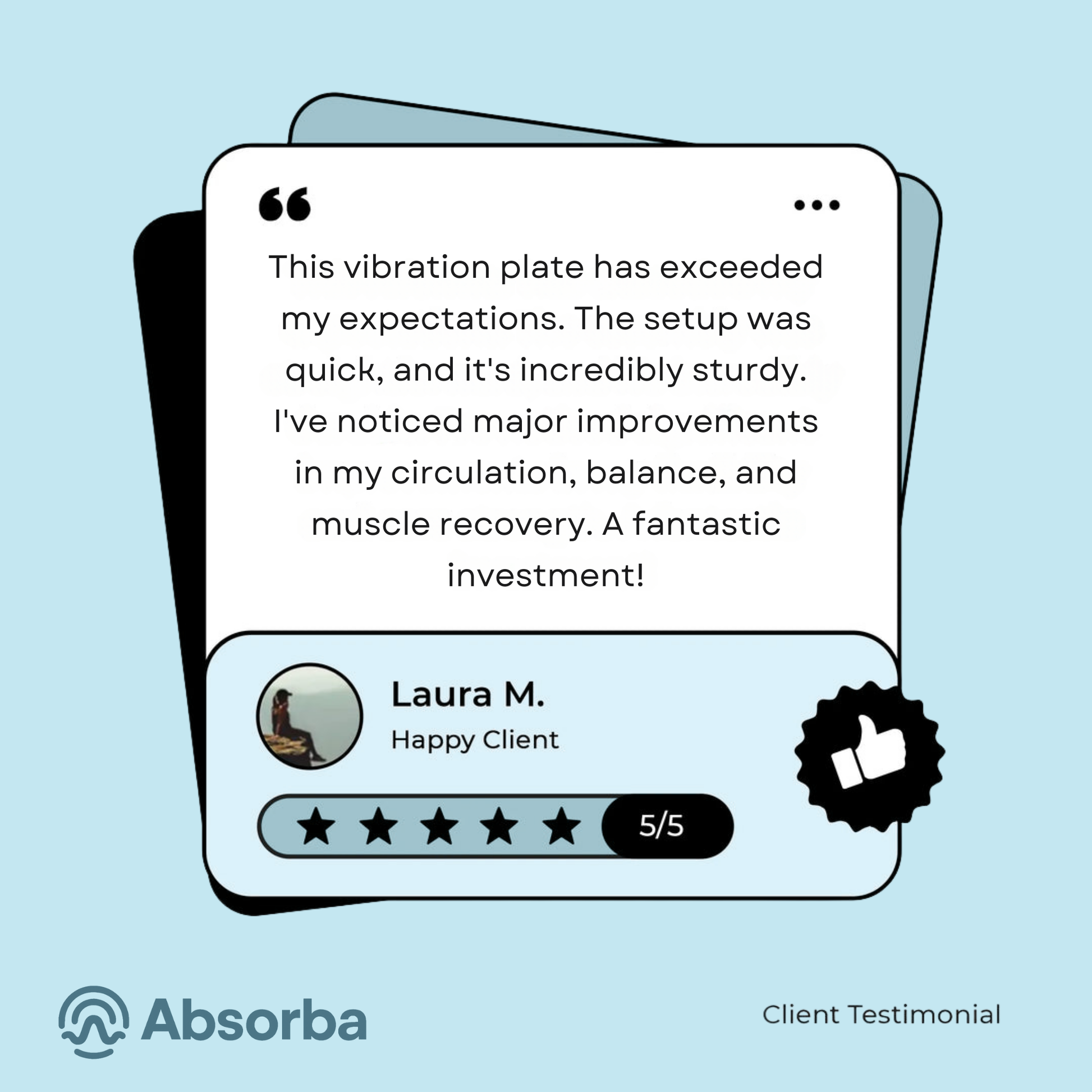 Client testimonial for a vibration plate with Absorba branding on a light blue background