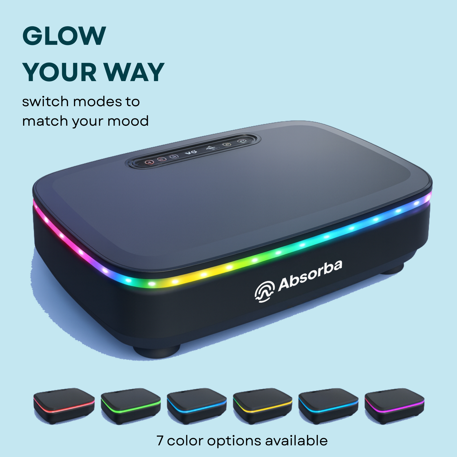 Black electronic device with colorful LED lights and Absorba branding on a light blue background.