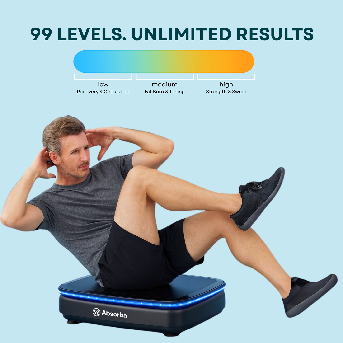 Man using a vibration plate with Absorba branding on a light blue background
